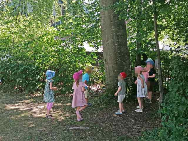 Kinder sind im Garten und spielen um einen Baum
