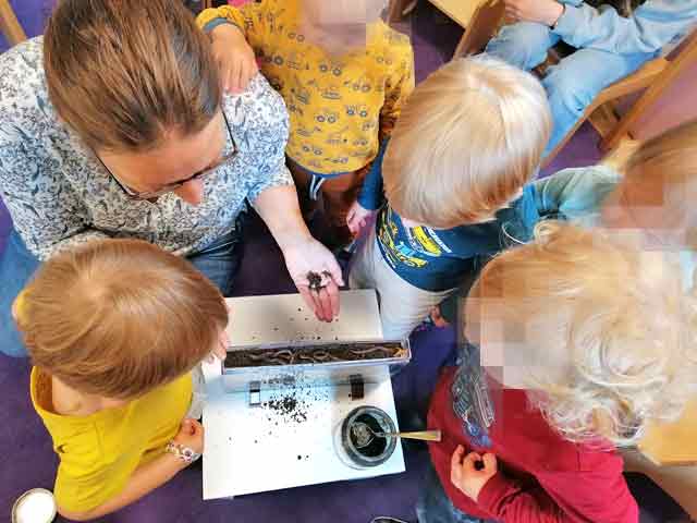 Projekt Regenwürmer Mehrere Kinder stehen um ein Gefäß mit Regenwürmern