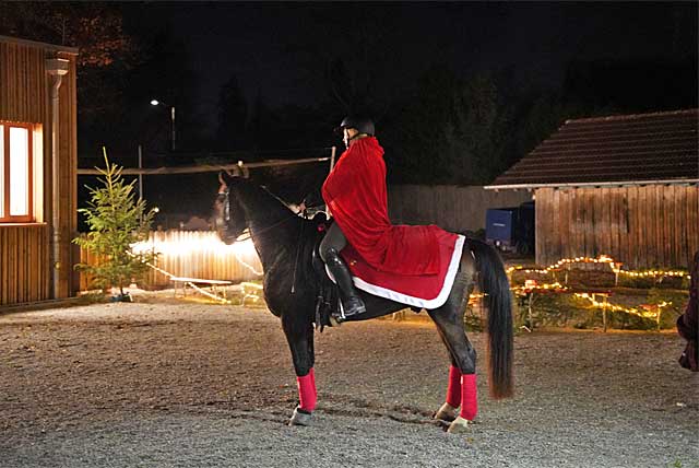 Sankt Martin sitzt hoch zu Roß mit seinem roten MAntel