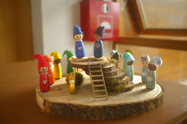 Kleine Figuren stehen auf einem Holzbrett und symbolisieren die Wochentag- und Wetterzwerge
