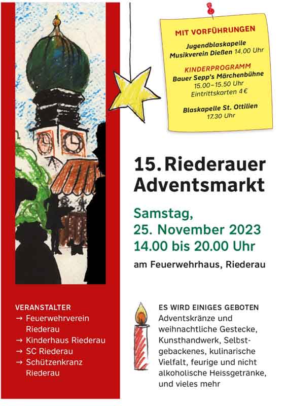 Flyer zum 15. Riederauer Adventsmarkt am Feuerwehrhaus in Riederau am Ammersee