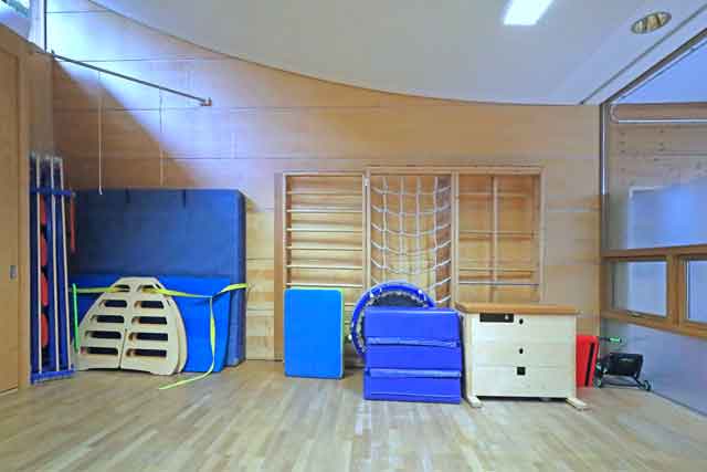 Turngeräte, blaue Matten, Sprossenwand im Turn-und Mehrzweckraum